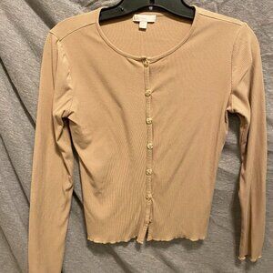 GB Girls Button Up Top Medium Tan Round Neck long Sleeve